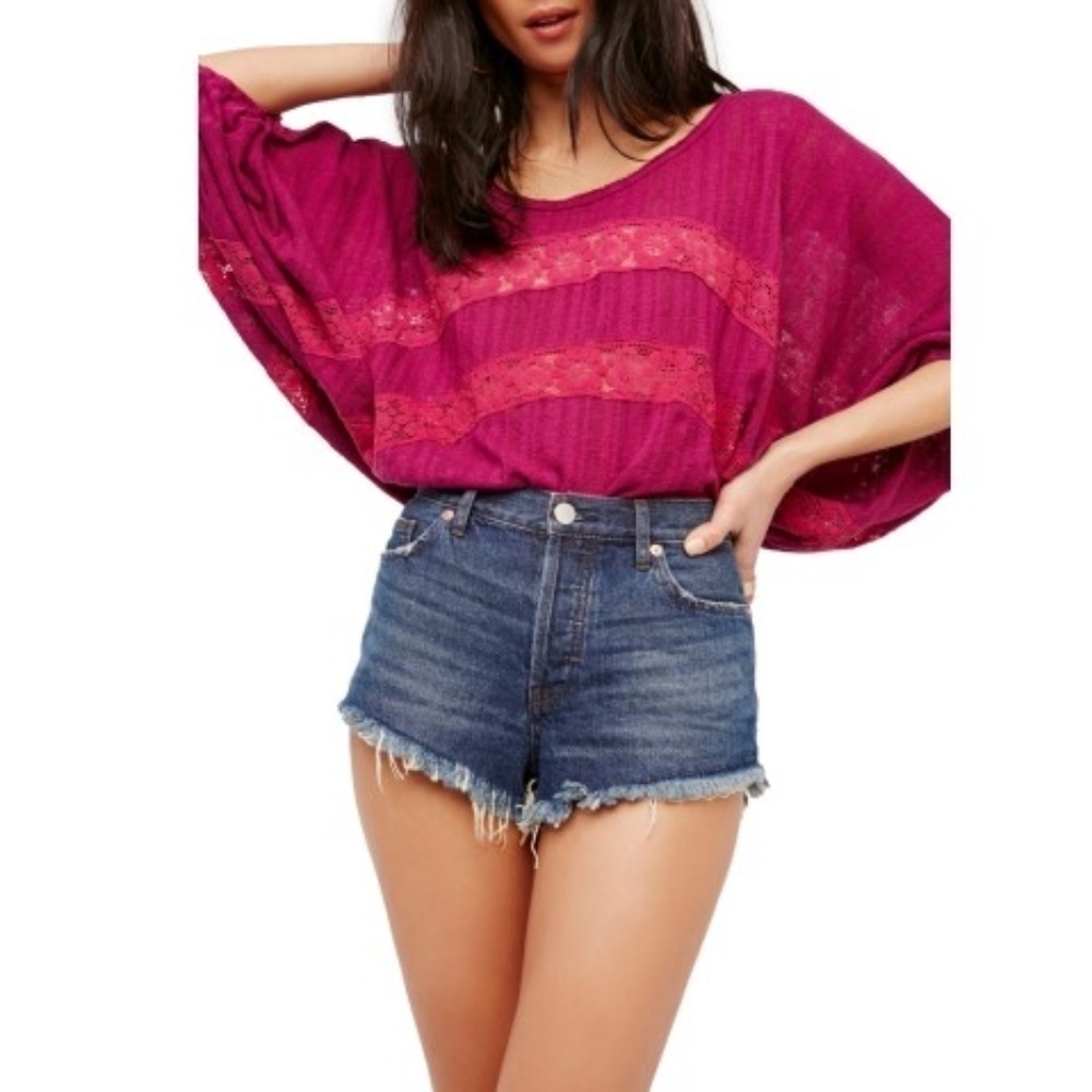 Free People 'I'm Your Baby' Lace-Inset Cotton Pullover Top, Plum